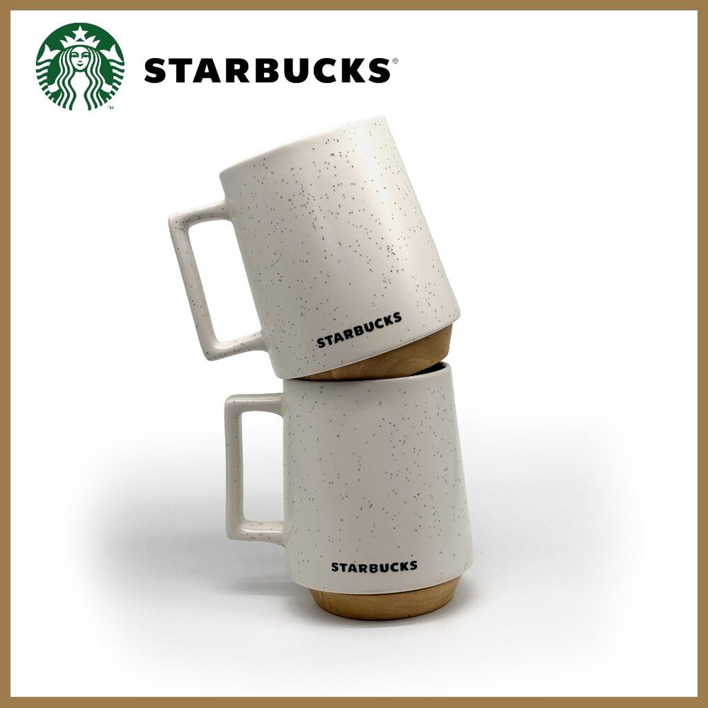 NEW Starbucks 2017 Speckled Ceramic & Wood 16oz Coffee Mugs | Set of 2